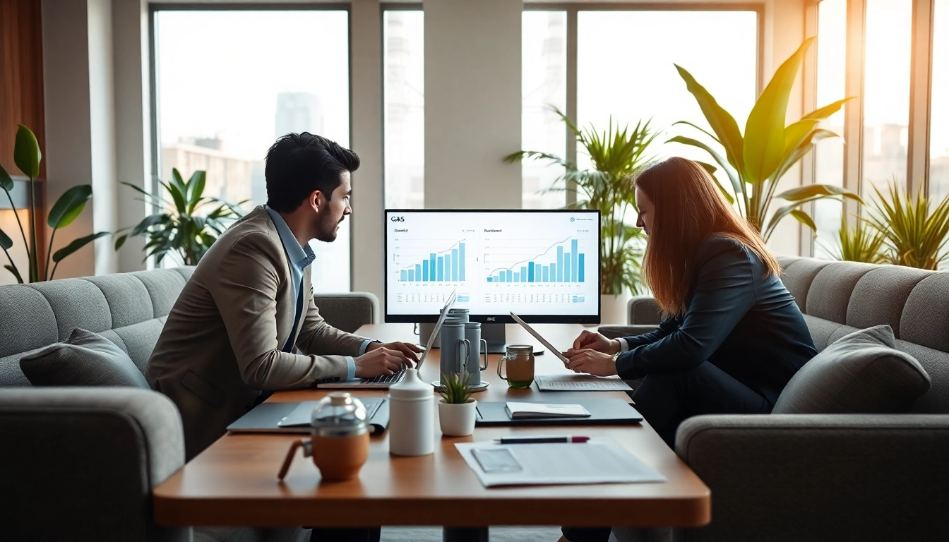 Analyze no standing charge business gas data in a modern office with laptops and graphs.