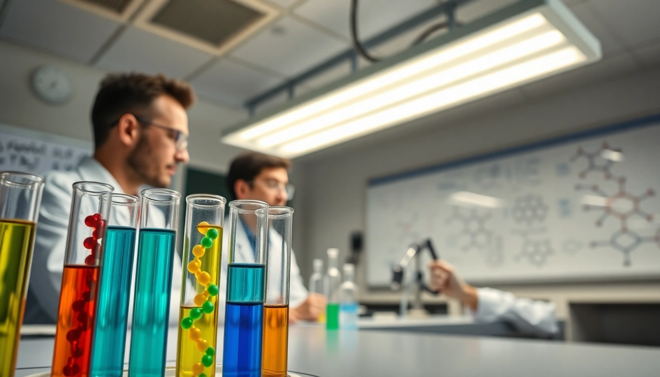 Scientists studying peptide structures at https://peptideprice.store/ with vibrant solutions and detailed lab equipment.