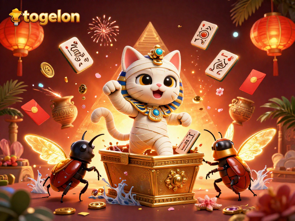 Experience togelon with an Egyptian mummy cat and a glowing scarab in a vibrant casino scene.