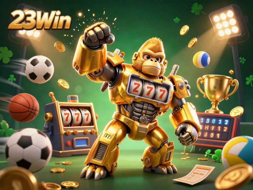 Bet on 23Win with this vibrant illustration of a golden gorilla mech celebrating a jackpot.