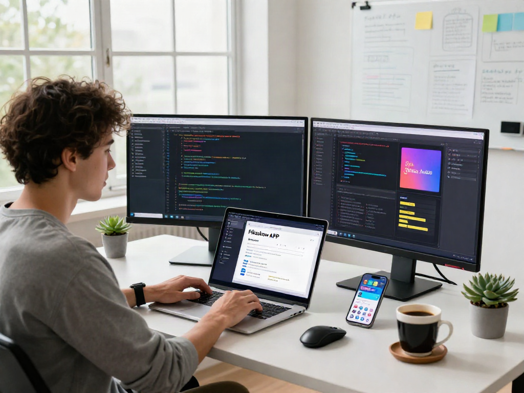 Pikashow APK optimization in a vibrant developer workspace with code displays and tech gadgets.
