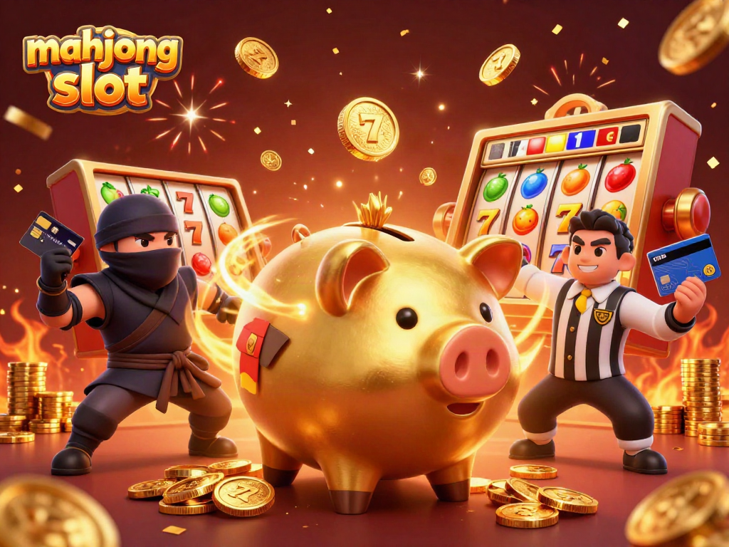 Engage with mahjong slot excitement showcasing a golden piggy bank sumo wrestler and dynamic gaming elements in a vibrant casino scene.