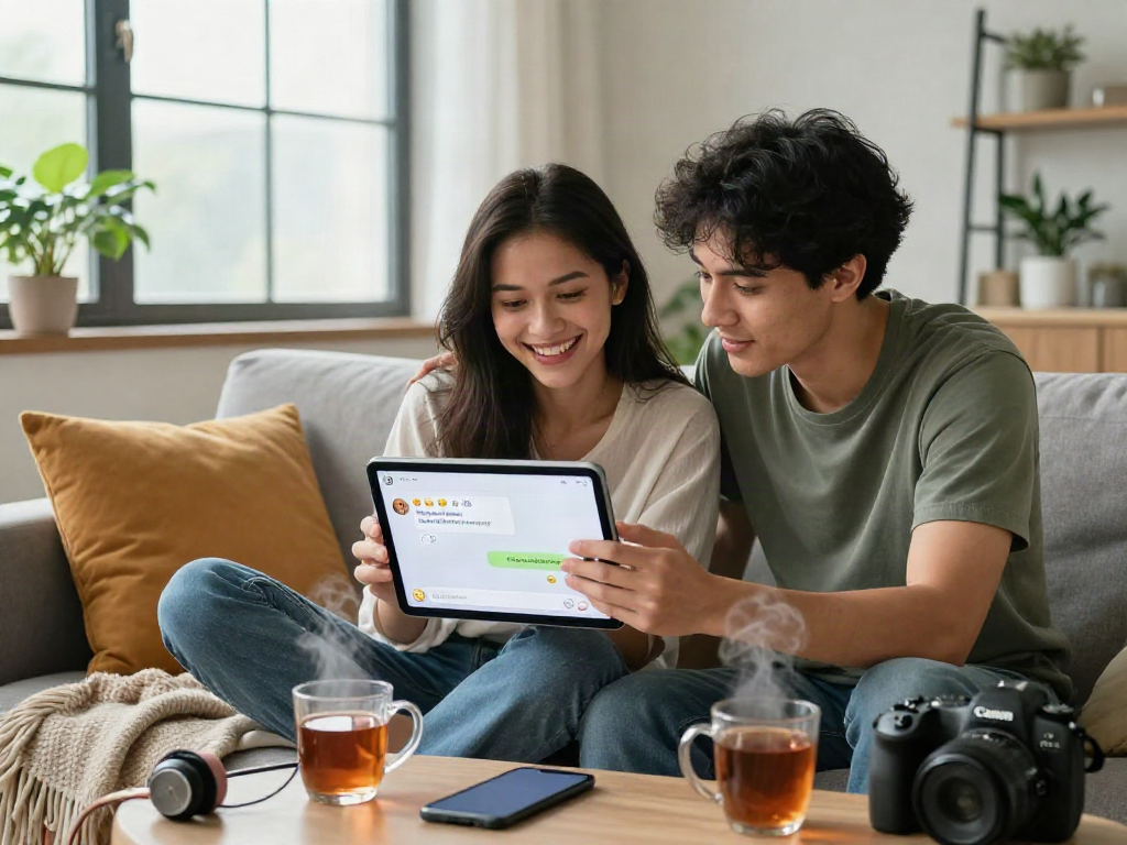 Engaging with girlfriend AI on a tablet, couple in cozy home setting