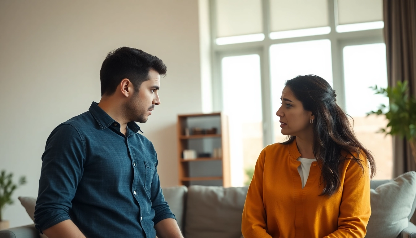 Recognizing signs of emotional affair in marriage while discussing in living room.