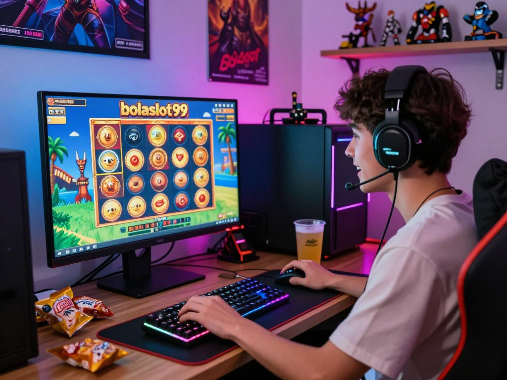 Pengalaman bermain slot online bolaslot99 yang menyenangkan dengan gamer serius di depan layar komputer