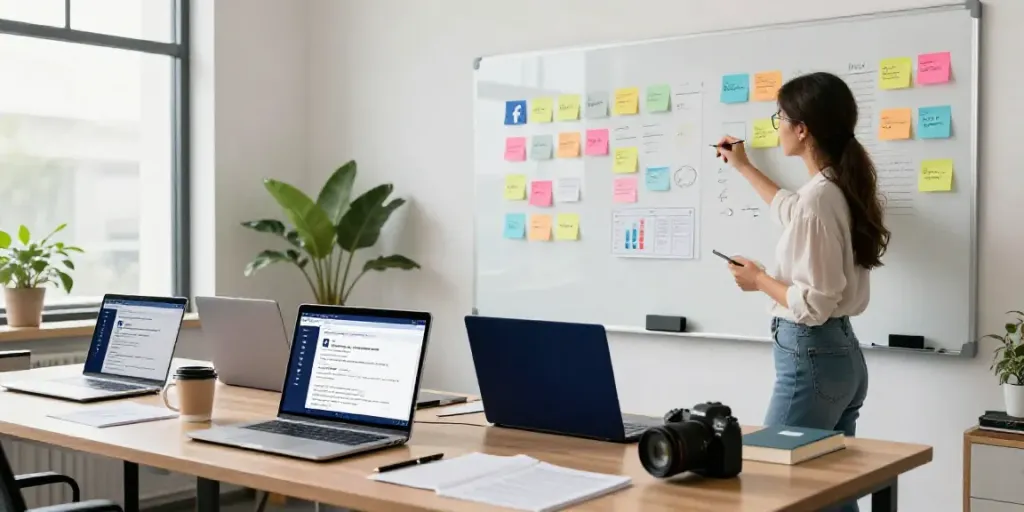 Creative workspace showcasing AI generated Facebook ad copy brainstorming session