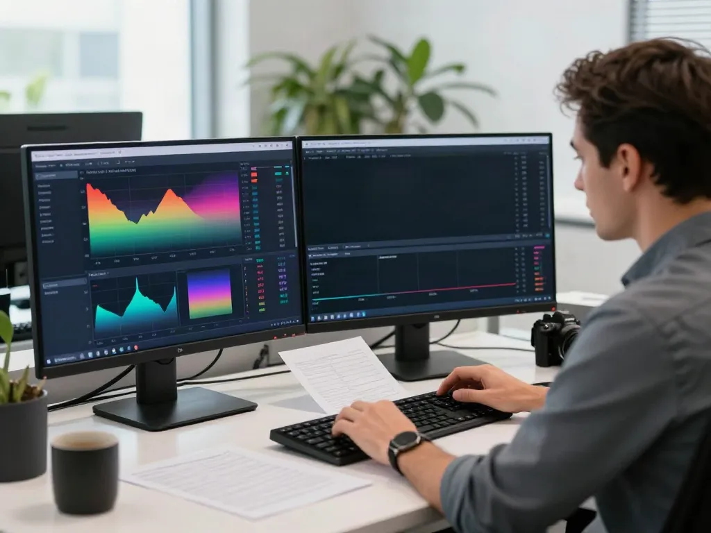Trader using TradingView on dual monitors in a modern office.