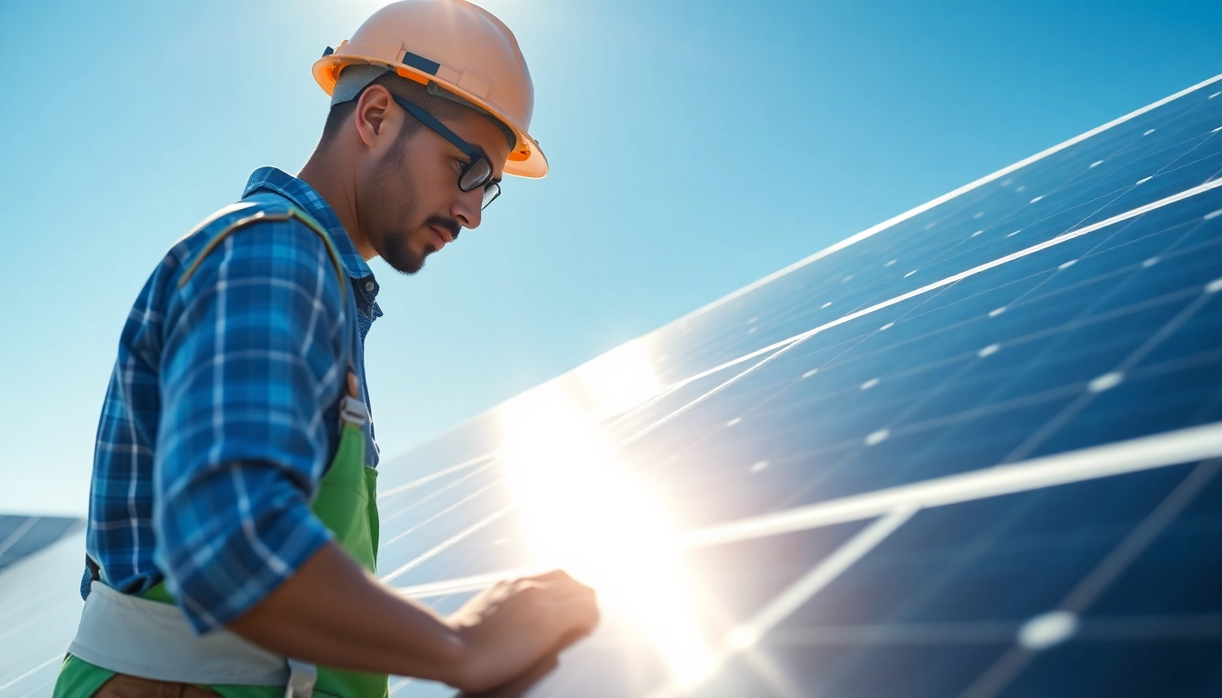 Technician conducting commercial solar maintenance New Jersey on solar panels under blue sky.