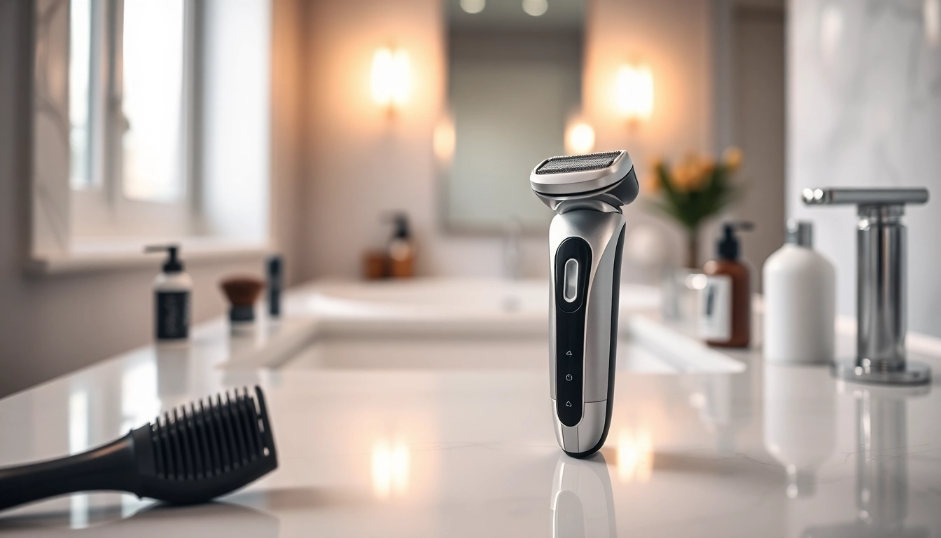 One blade electric shaver showcased on a stylish countertop, emphasizing its sleek design.