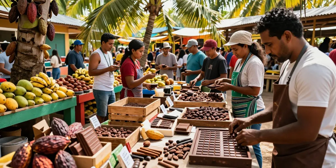 Fresh cacao products and artisan chocolates showcased in vibrant market, highlighting m98 flavors in a tropical setting.