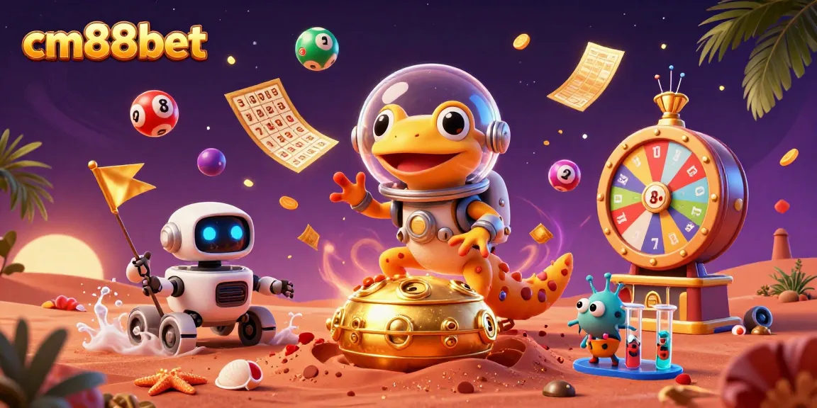 Engage with cm88bet and experience thrilling gaming amid vibrant lottery elements and a cosmic backdrop.
