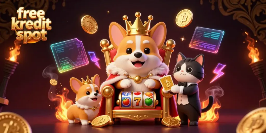 Engage with free kredit slot offers in this vibrant 3D casino scene featuring a royal corgi on a throne.