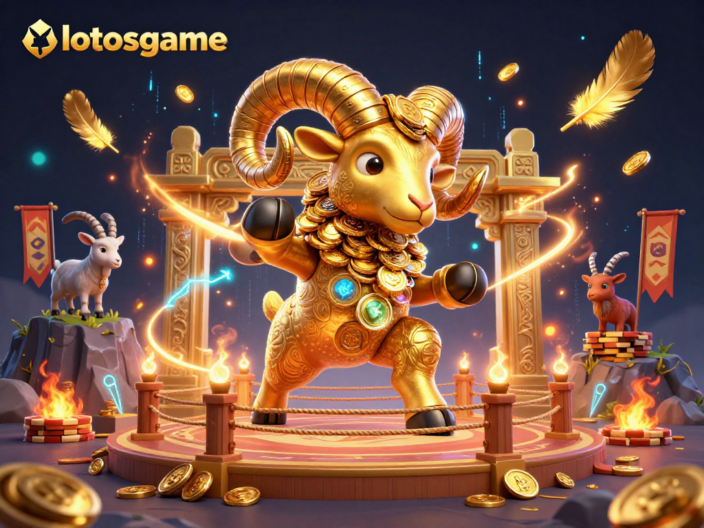 Engage with lotosgame as a golden ram charges through a dynamic casino arena filled with vibrant elements.