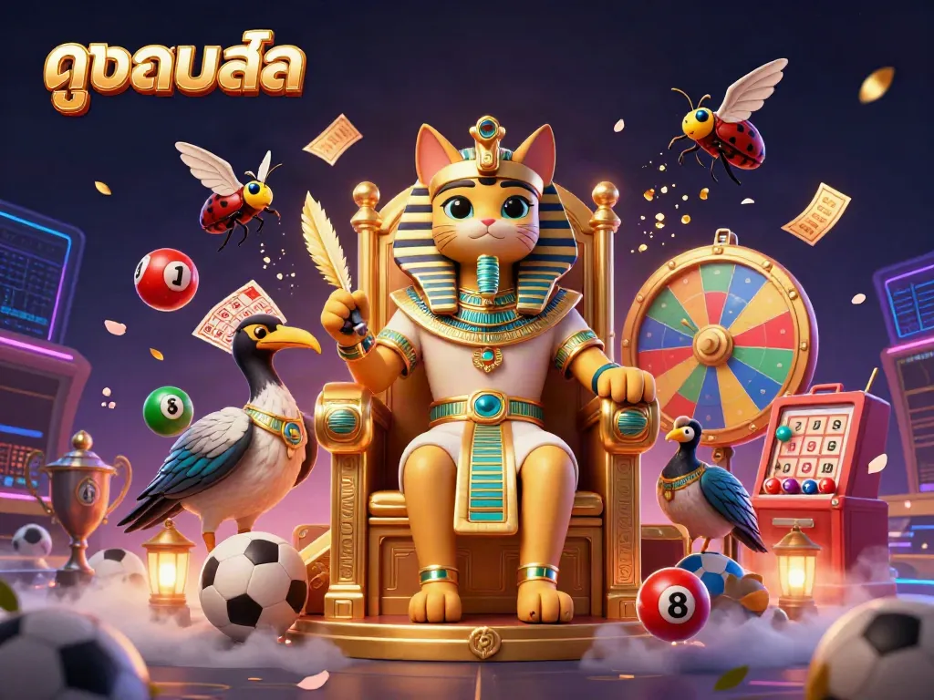 Experience ดูบอลสด with dynamic 3D illustration of sports betting excitement and vibrant lottery elements.