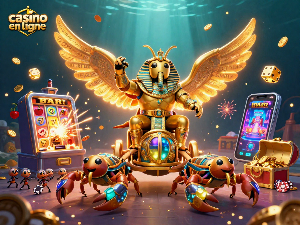 Découvrez le casino en ligne à travers cette illustration dynamique avec un scarabée doré et des éléments de jeu captivants.