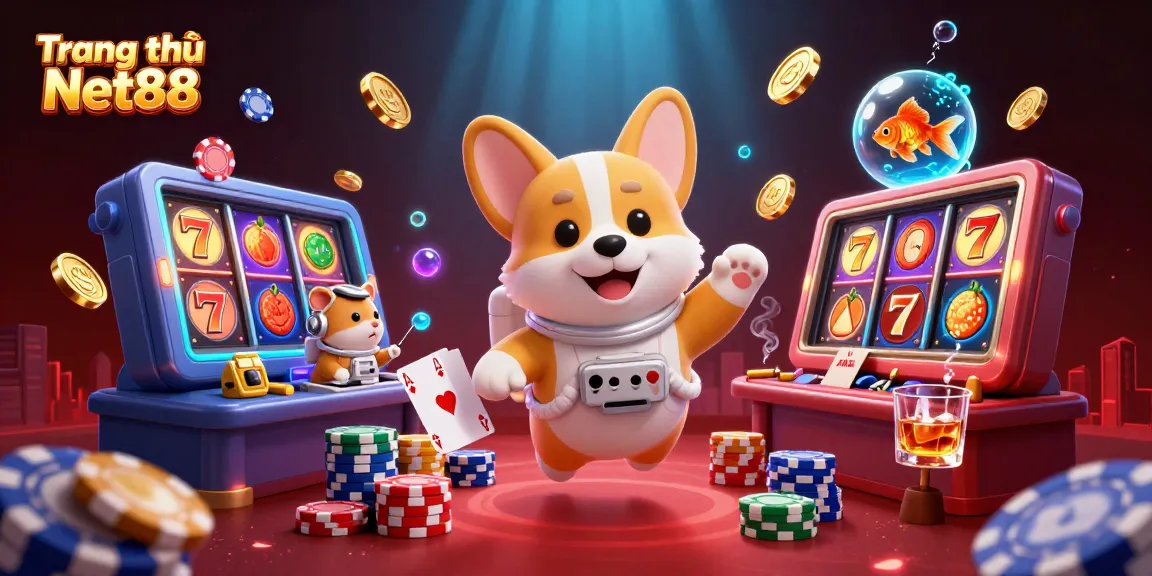 Experience excitement at Trang chủ Net88 with a vibrant 3D space casino featuring a corgi, hamster, and goldfish.