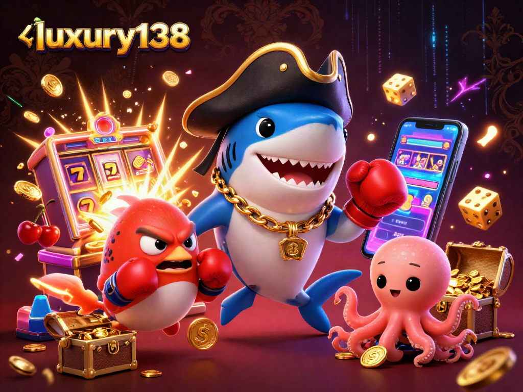 Luxury138 menampilkan hiu kartun 3D dan elemen slot dalam ilustrasi kasino yang mengesankan.