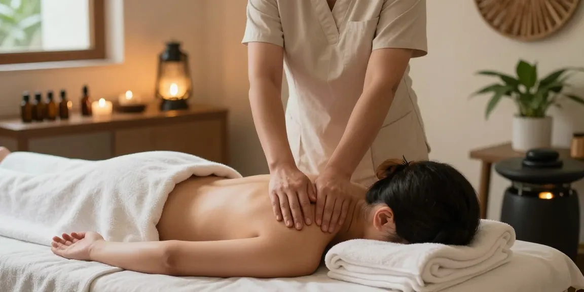 마사지 테라피 장면, 웰빙 스파에서 스웨디시 마사지를 받고 있는 고객과 테라피스트.