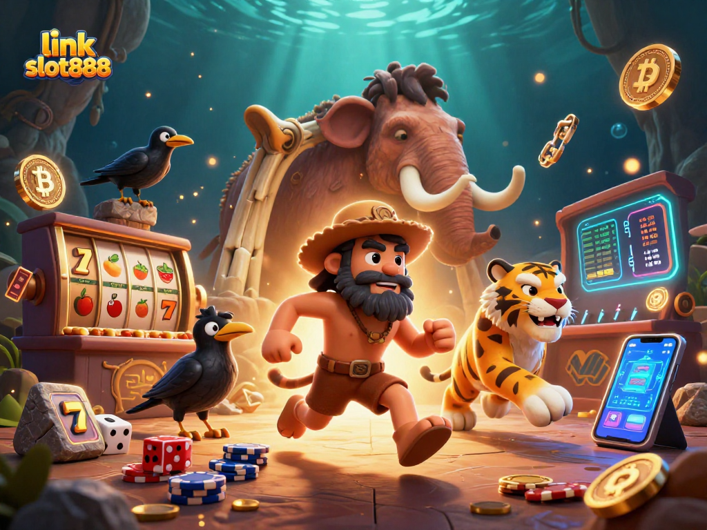 Spin to win with link slot888 in an engaging prehistoric casino scene featuring a caveman and his tiger.