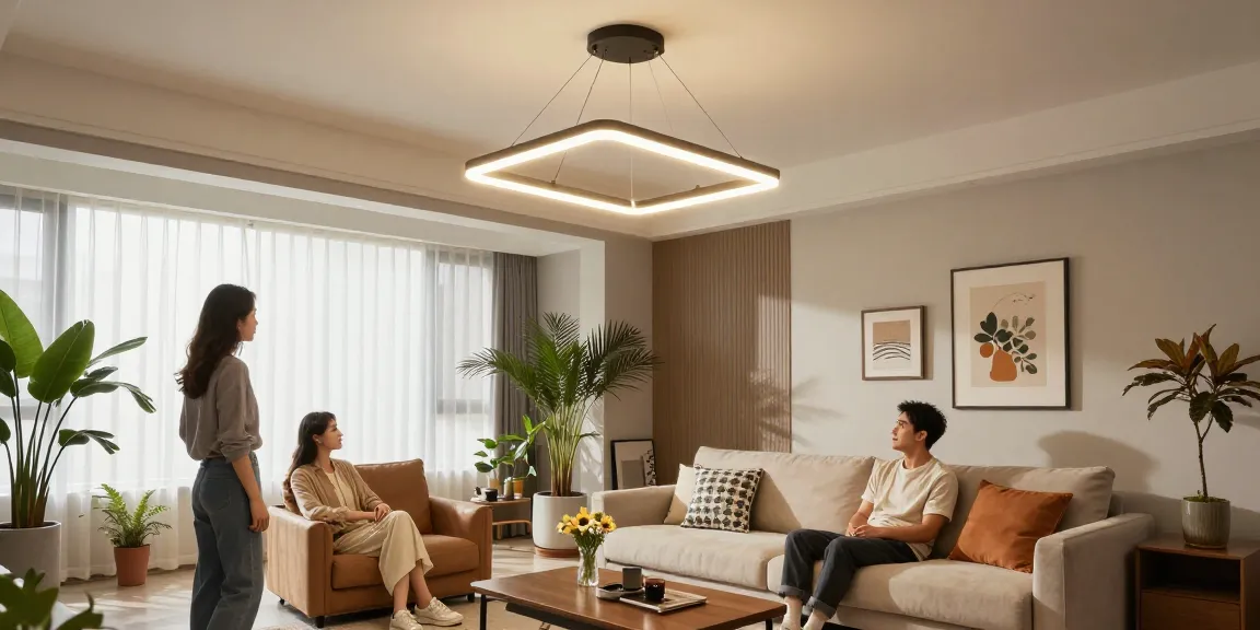 Lustra LED modernă suspendată într-un living stilat, aducând o atmosferă confortabilă.
