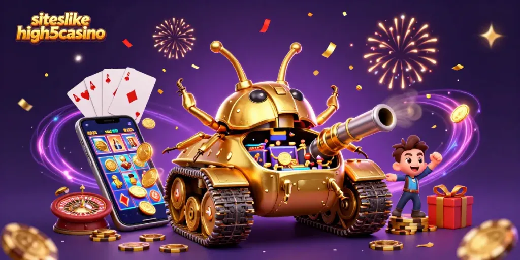 Engage with the exciting atmosphere at siteslikehigh5casino, featuring a vibrant casino scene with a golden beetle tank.