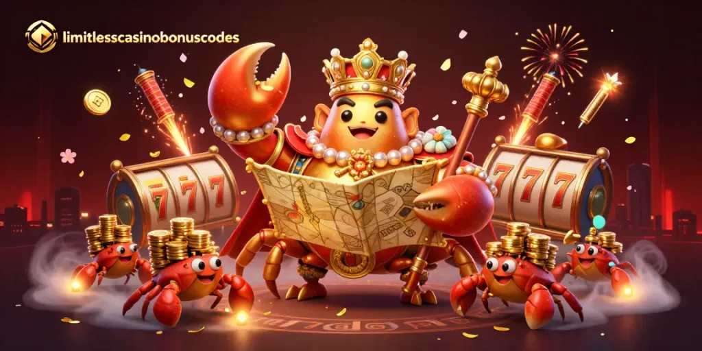 Experience limitlesscasinobonuscodes with an exciting 3D illustration showing a golden crab emperor and slot reels.