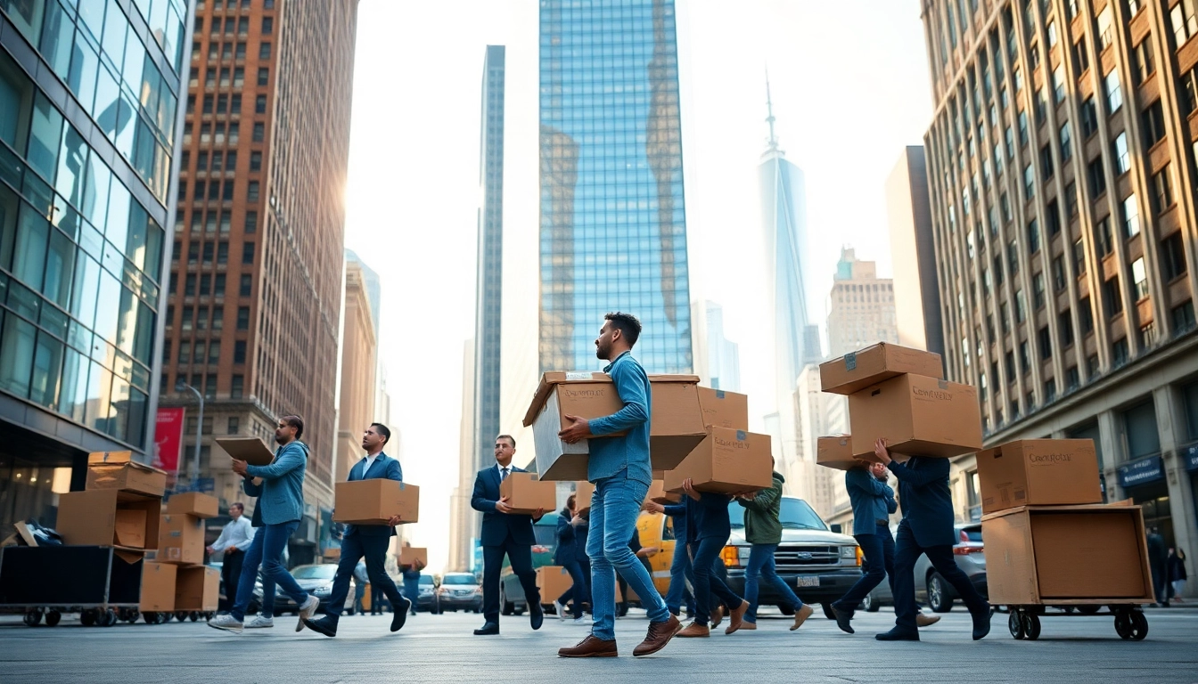 Team of professional movers delivering Office Moving Services NYC efficiently in bustling city.