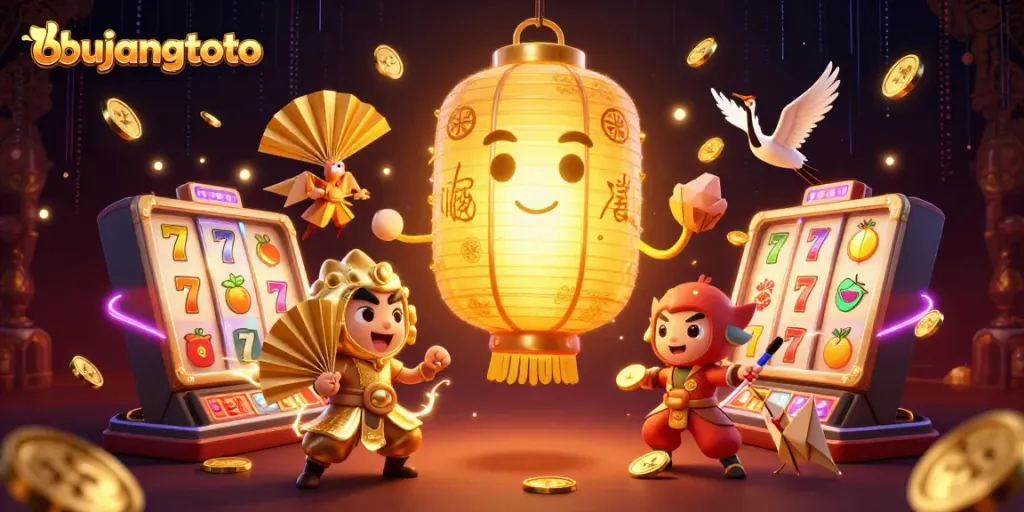 Bujangtoto brings vibrant slot action with golden lanterns and casino elements uniting for an exciting night.