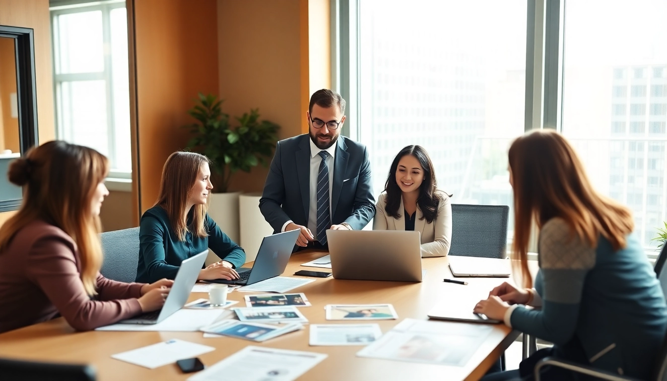 Marketing director leading a team discussion in a modern office environment.