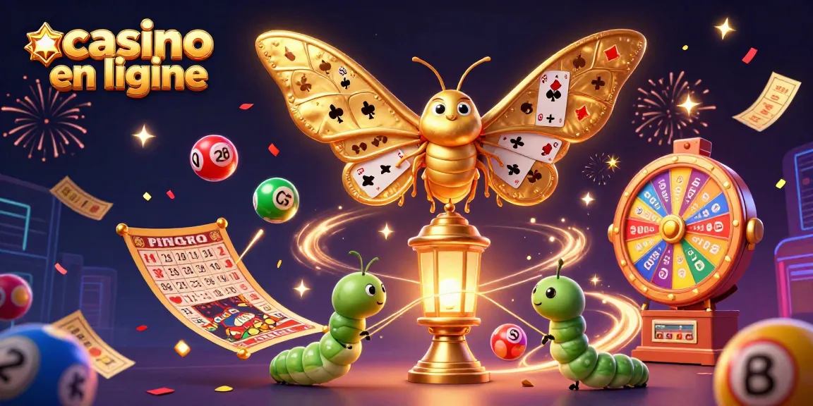 Illustration dynamique représentant un casino en ligne, avec un papillon atlas doré et des éléments de jeu.