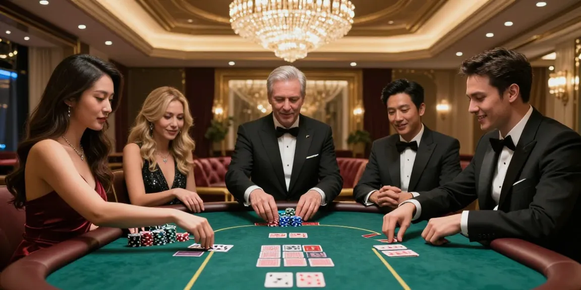 Permainan poker di kasino mewah dengan LUXURY777 Daftar, suasana elegan dan pemain bersemangat.