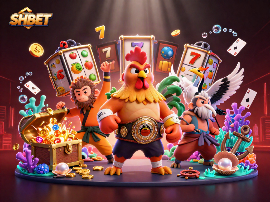 SHBET showcases a vibrant casino scene with a rooster and monkey, vibrant slot reels, and dynamic elements.