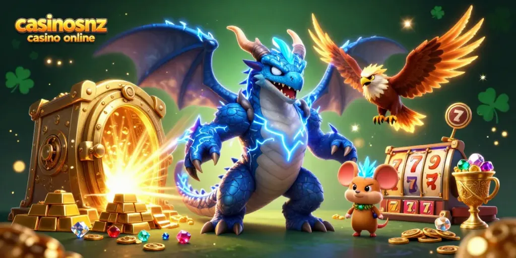 Engage with the vivid world of casinosnz casino online featuring a powerful dragon, hawk, and exciting gaming elements.