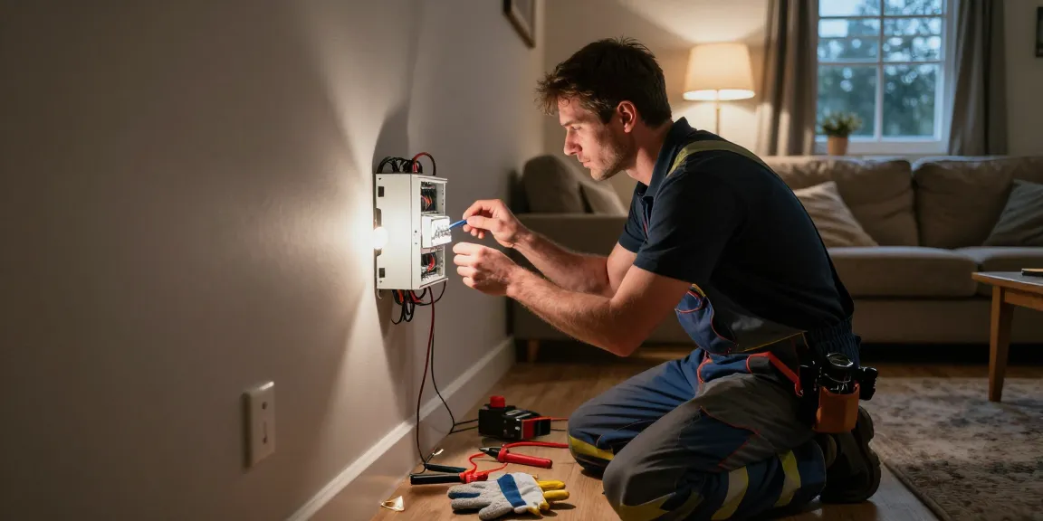 Urgent electrical help in Cannock provided by a professional electrician troubleshooting a dimly lit home environment.