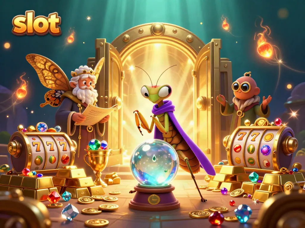 Engage in thrilling slot adventures with a mystical fortune teller and librarian in this vibrant 3D scene.