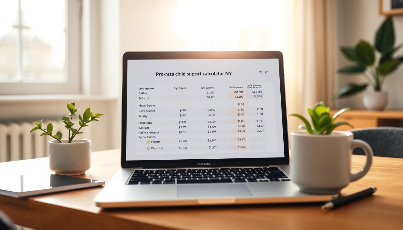 Calculate Pro-rata child support calculator NY using a laptop in a bright home office setting.