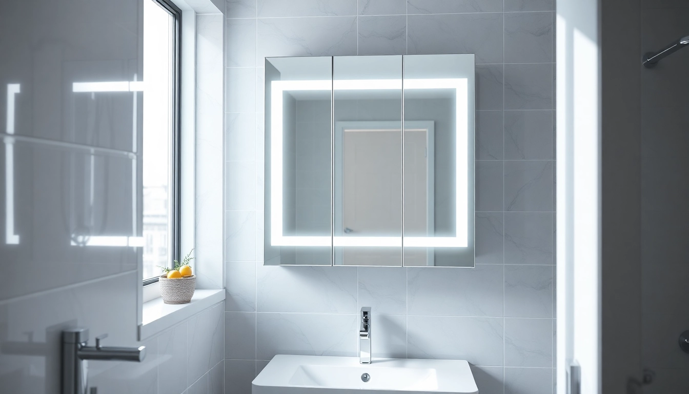 Spiegelschrank bad mit Beleuchtung in modernem Badezimmer, elegant und funktional gestaltet.