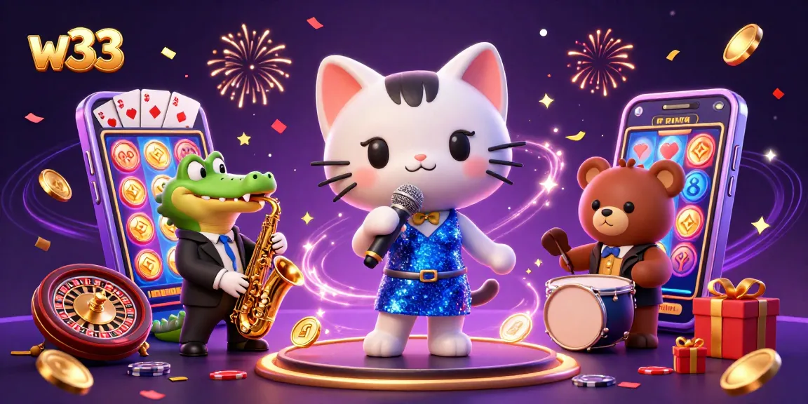 Experience exciting w33 pokies with a jazzy casino scene featuring colorful games and performing characters.