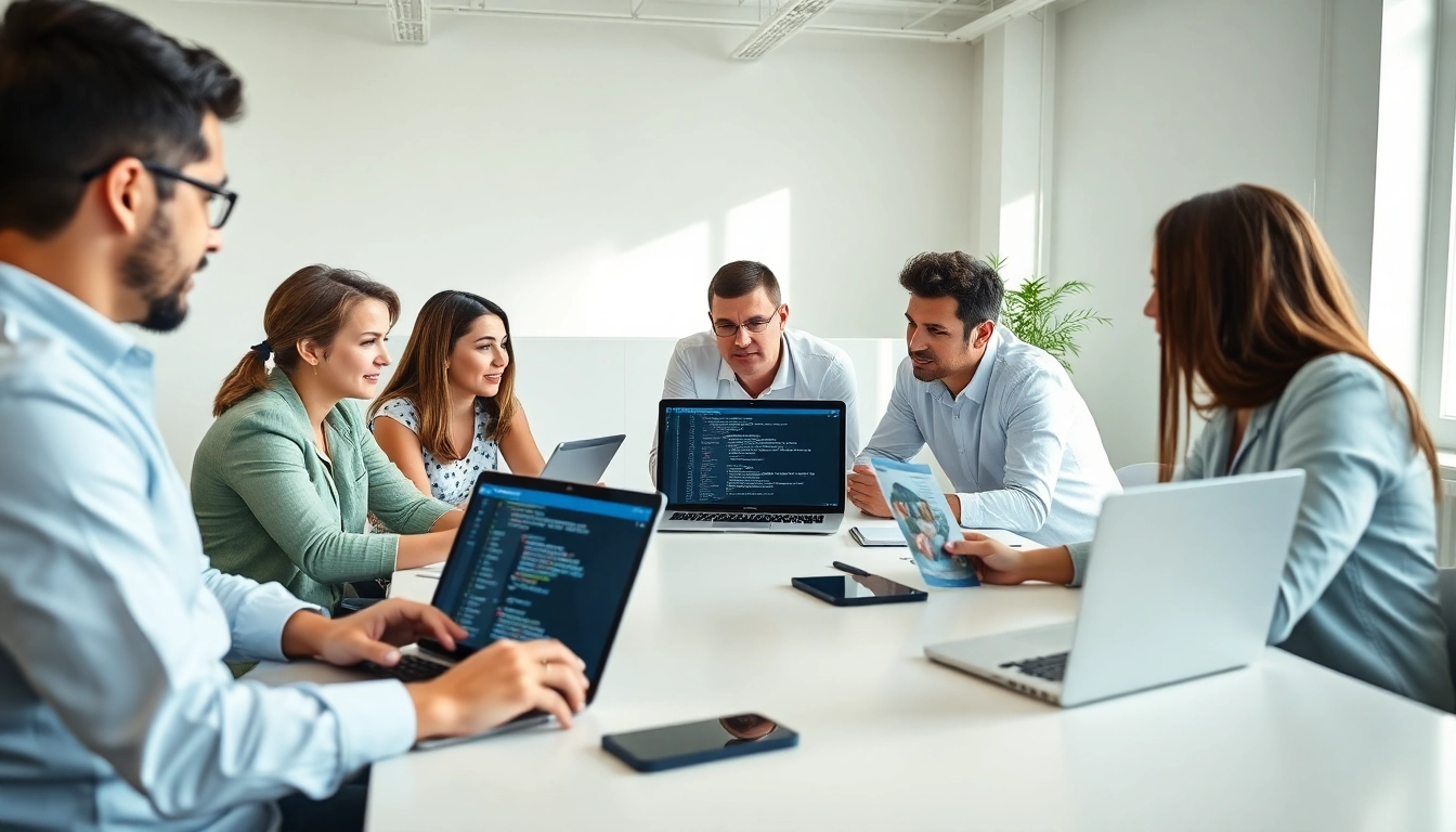 Showcasing custom Shopify development teamwork with innovative designs and tech in a bright office.