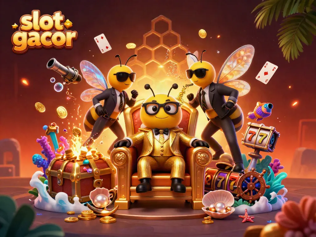Engage in slot gacor excitement with a vibrant 3D illustration showcasing diverse game elements and characters.