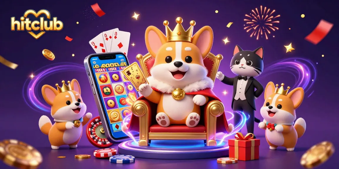 Hitclub engages players with a vibrant 3D scene of a royal corgi, emphasizing casino excitement.