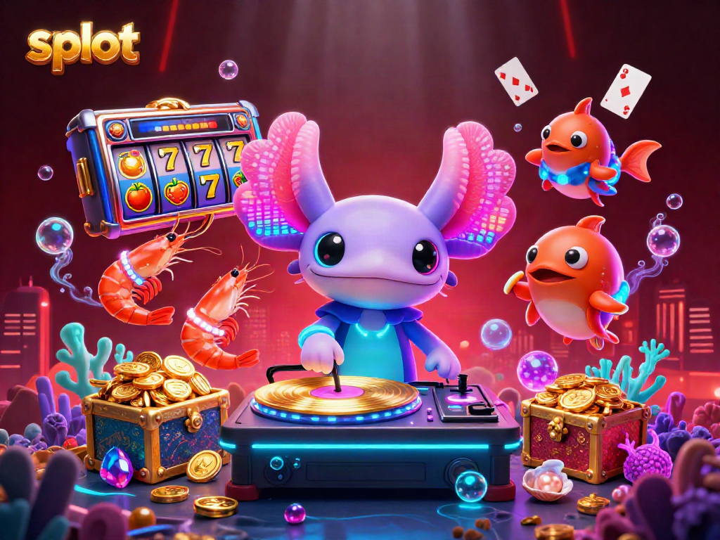 Experience slot excitement with neon axolotl DJ spinning vibrant reels amidst underwater treasures.