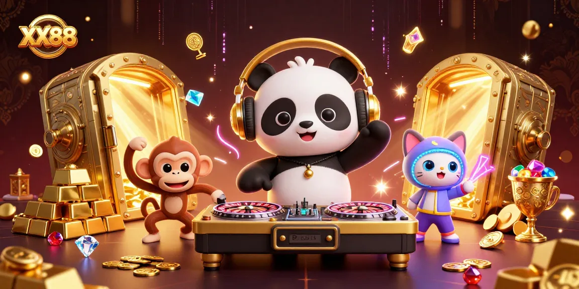 Experience thrilling action at XX88 with a vibrant 3D illustration of a DJ panda and characters amidst casino elements.