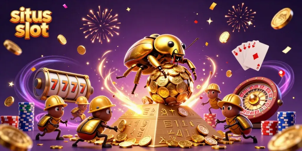 Menggulung koin emas, situs slot menunjukkan simbol keberuntungan dan kesenangan di kasino.