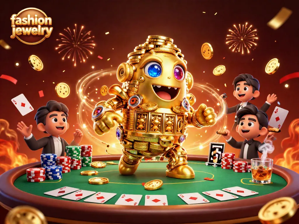 Experience fashion jewelry with a dynamic display of vibrant poker elements and golden golems.