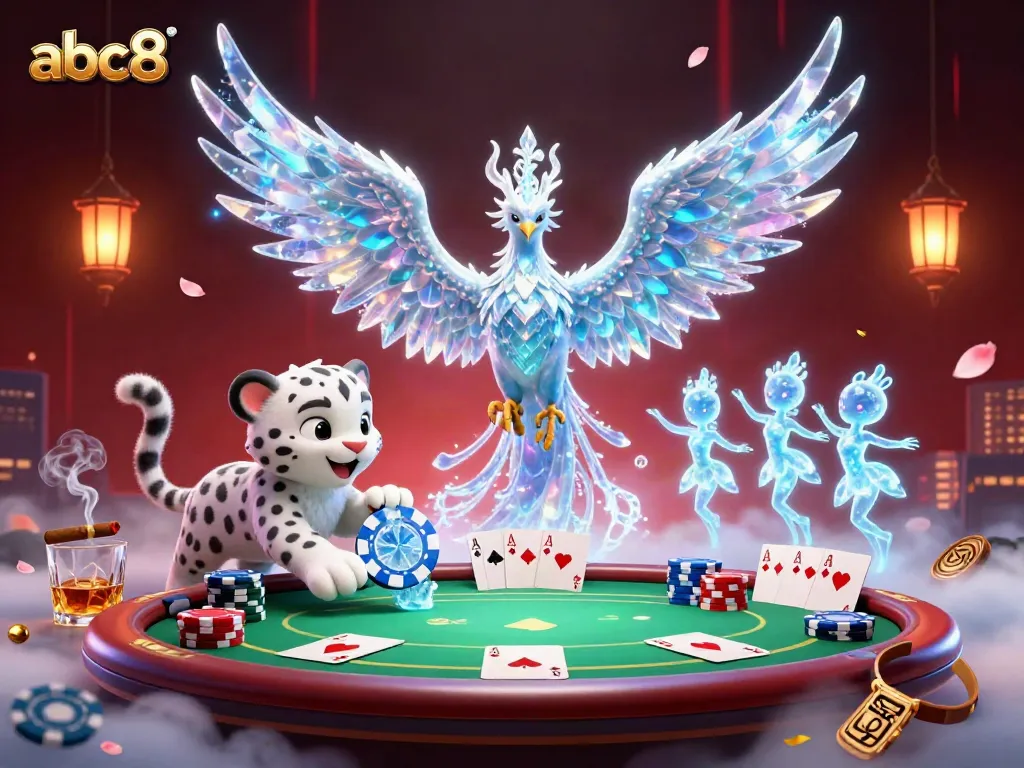 Engage with the vibrant scene depicting abc8 featuring an ice phoenix, glowing sprites, and poker elements in a lively casino.