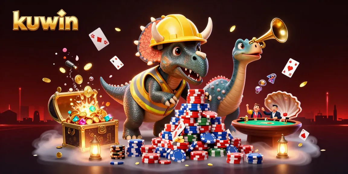 Kuwin casino illustration with a triceratops building poker chip pyramid, celebrating gaming atmosphere.