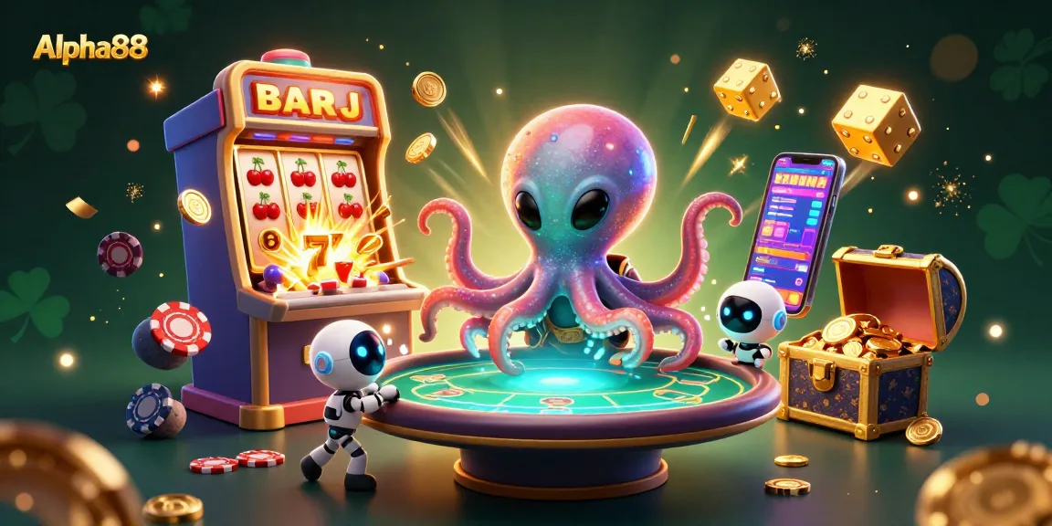 Experience excitement at Alpha88 with the alien octopus engaged at a poker table amidst a dynamic casino scene.