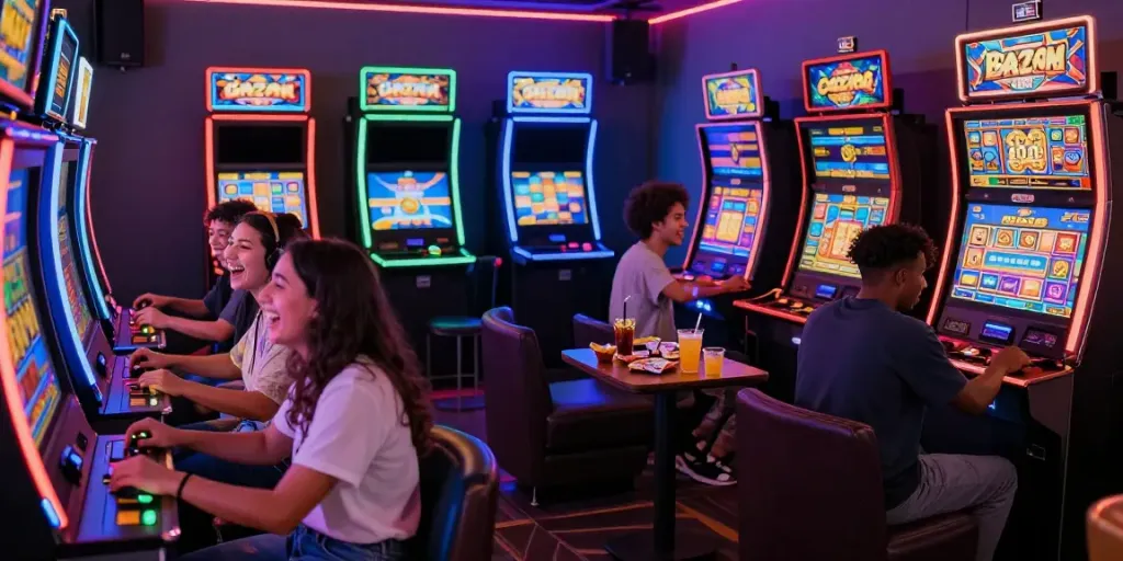 Diverse friends enjoying gaming on slot gacor machines in a vibrant lounge setting.