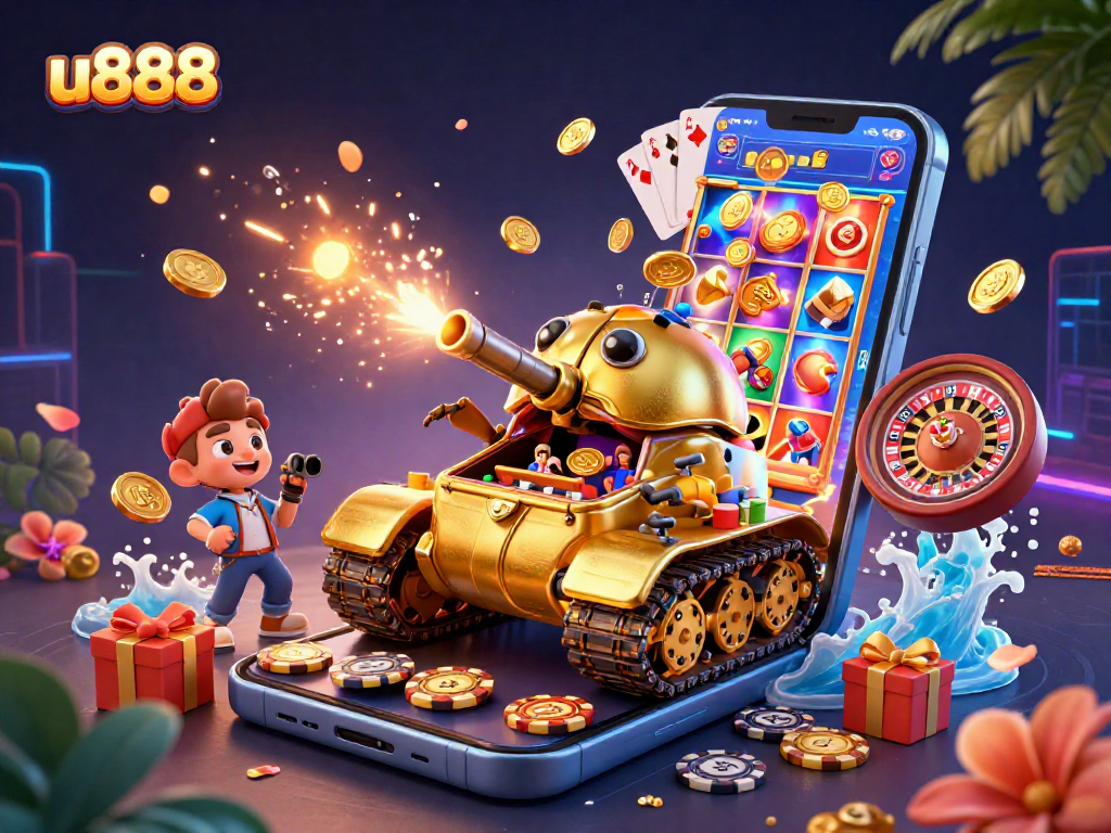 Experience thrilling gameplay at u888 with a whimsical casino-inspired golden beetle tank and slot games.
